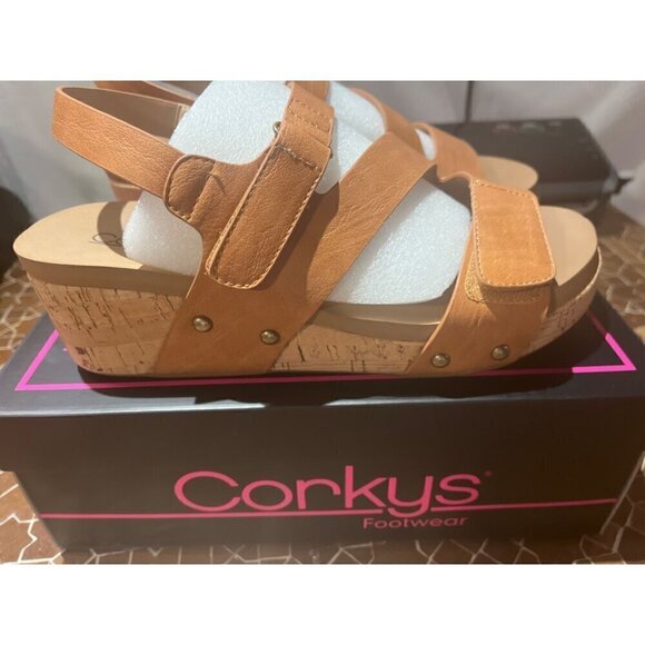 nwt in box corkys brown leather wedge heel sandals - Picture 3 of 7